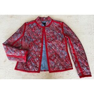 Silkland Womens Red Blue Paisley Quilted 100% Silk Mandarin Collar Jacket Medium